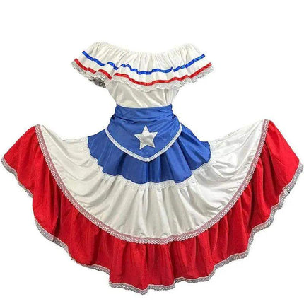 Puerto Rican Traditional Women Dress with Blue Flag & Star Belt - VivianFongDesignsLLC
