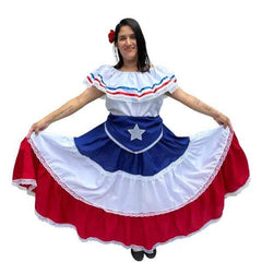 Puerto Rican Traditional Women Dress with Blue Flag & Star Belt - VivianFongDesignsLLC