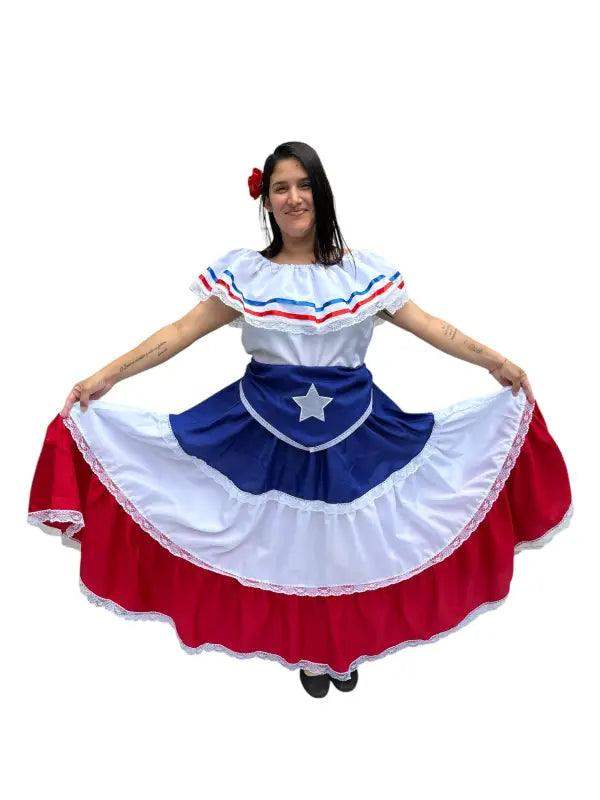 Puerto Rican Traditional Women Dress with Blue Flag & Star Belt - VivianFongDesignsLLC