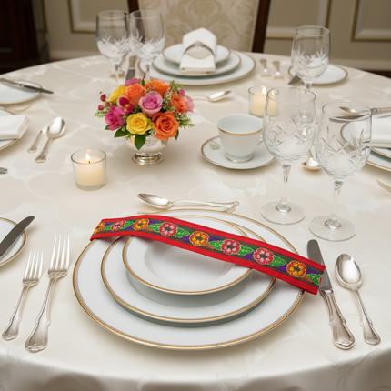 Diadema Guna de jacquard con flores rojas hecha a mano
