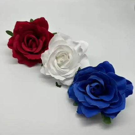 Set of 3 Rose Hair Clips - Red, White & Blue - VivianFongDesignsLLC