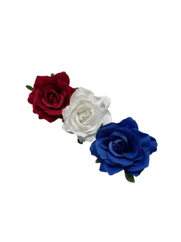 Set of 3 Rose Hair Clips - Red, White & Blue - VivianFongDesignsLLC