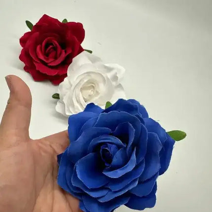 Set of 3 Rose Hair Clips - Red, White & Blue - VivianFongDesignsLLC