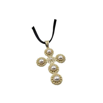 Stainless Steel Filigree Cross Charm with White Pearls - VivianFongDesignsLLC