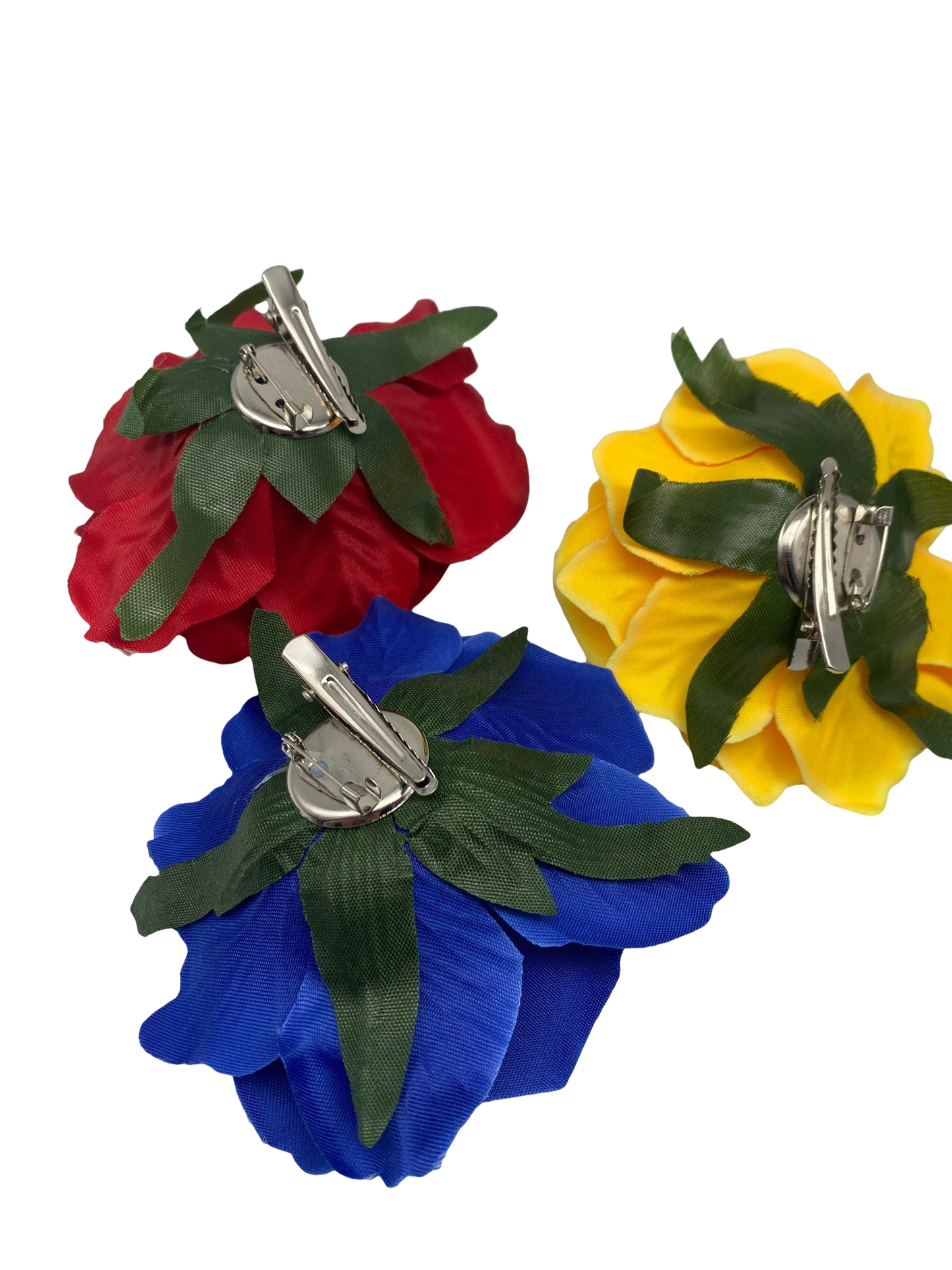 Stylish Set of 3 - Yellow Blue and Red Rose Hair Clips Large - Vivian Fong Designs