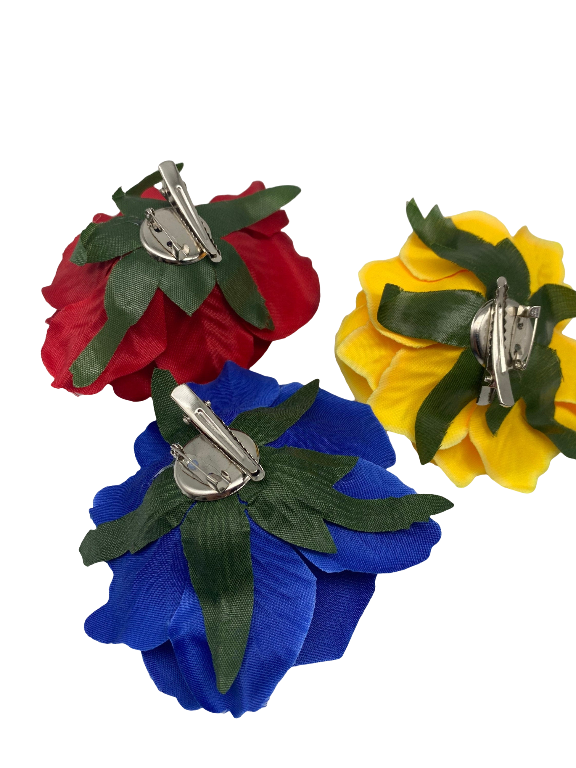 Stylish Set of 3 - Yellow Blue and Red Rose Hair Clips Large - Vivian Fong Designs