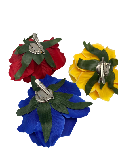 Stylish Set of 3 - Yellow Blue and Red Rose Hair Clips Large - Vivian Fong Designs