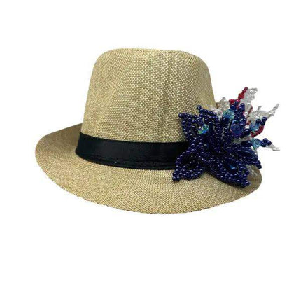 Tembleque Panama Fedora Hat - Tan Red White and Blue - VivianFongDesignsLLC