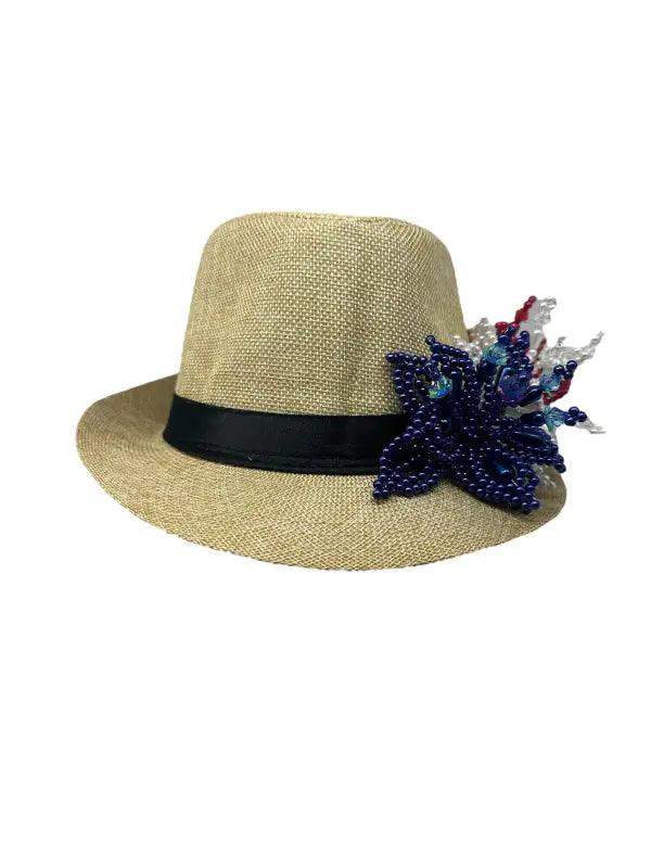 Tembleque Panama Fedora Hat - Tan Red White and Blue - VivianFongDesignsLLC