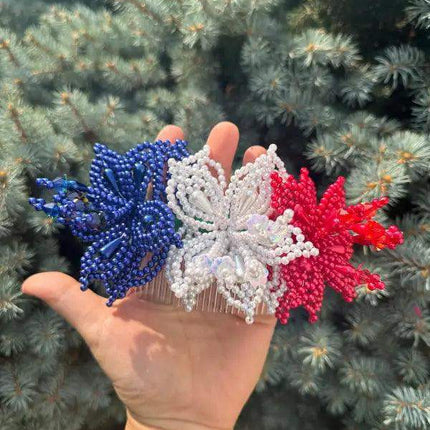 Tembleque Pearl Flowers Headpiece - Red, White & Blue - VivianFongDesignsLLC