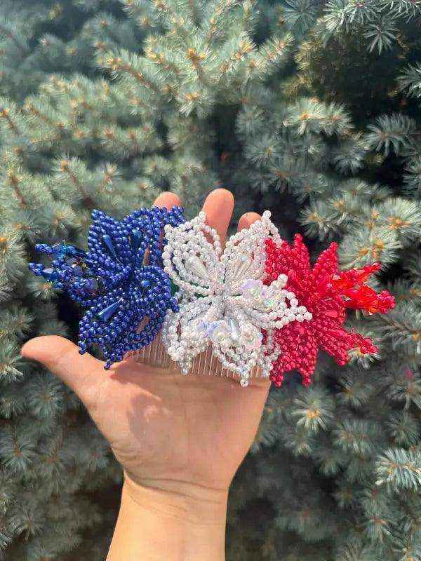 Tembleque Pearl Flowers Headpiece - Red, White & Blue - VivianFongDesignsLLC