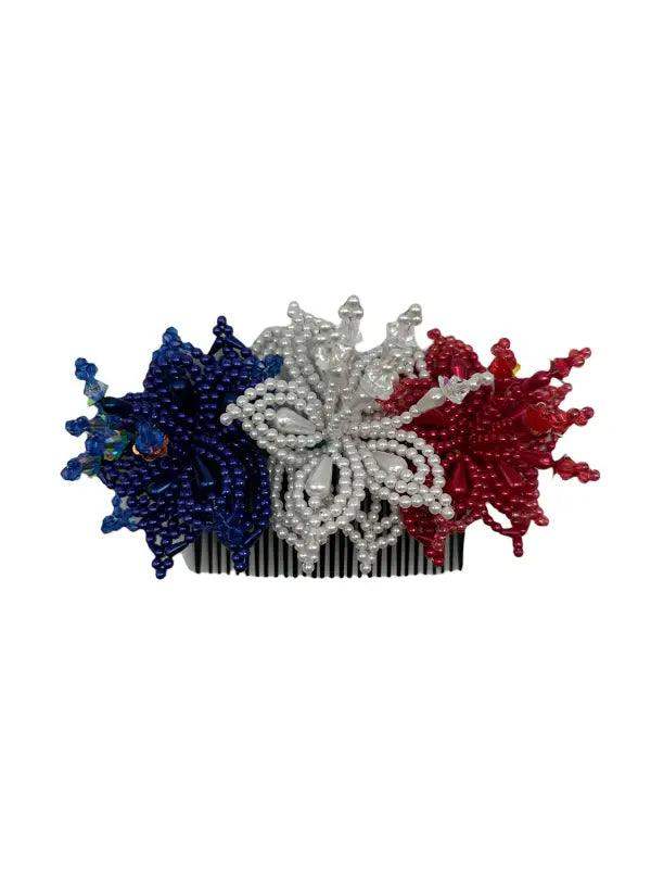 Tembleque Pearl Flowers Headpiece - Red, White & Blue - VivianFongDesignsLLC