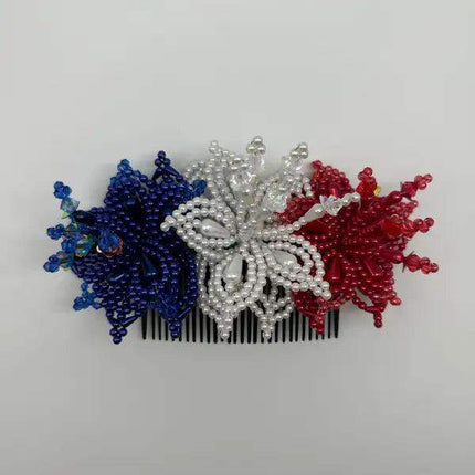 Tembleque Pearl Flowers Headpiece - Red, White & Blue - VivianFongDesignsLLC